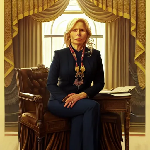 Prompt: portrait of president liz cheney in the oval office, ethereal, handsome, d & d, fantasy, intricate, elegant, highly detailed, digital painting, artstation, concept art, matte, sharp focus, illustration, art by artgerm and greg rutkowski and alphonse mucha