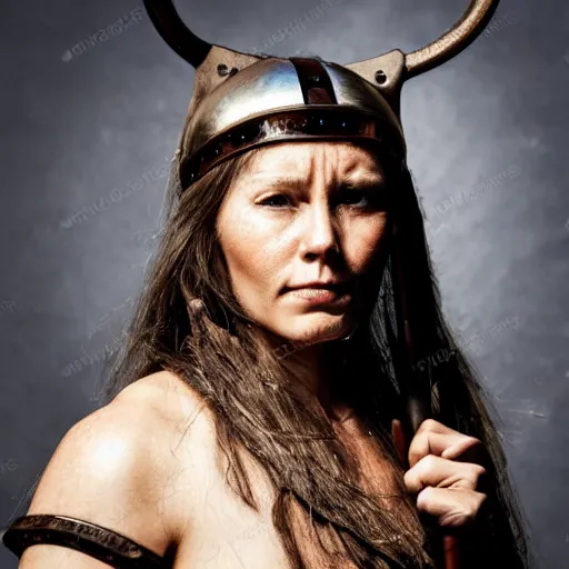 Prompt: A head and shoulders portrait of a fierce female viking warrior holding an axe