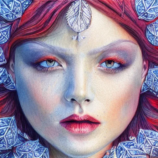 Image similar to colored pencil art on paper, frost queen, highly detailed, artstation, masterpiece, award - winning, caran d'ache luminance