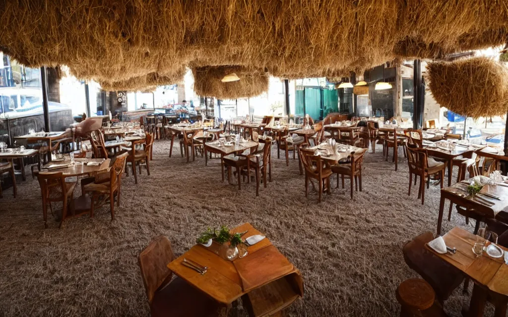 Prompt: a restaurant in the rocks with the floor covered with carpets, in the center there is a bale of hay used as a set table