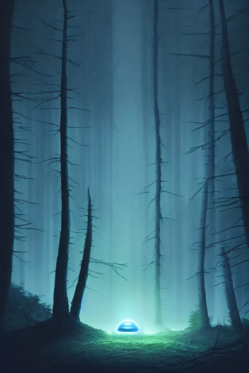 Prompt: matte painting alien spaceship in clearing in Forest at night. Forest is lit by eerie blue glow. Ufo. Digital painting. Beeple. Noah Bradley. Cyril Roland. Will o the wisp. trending on artstation.