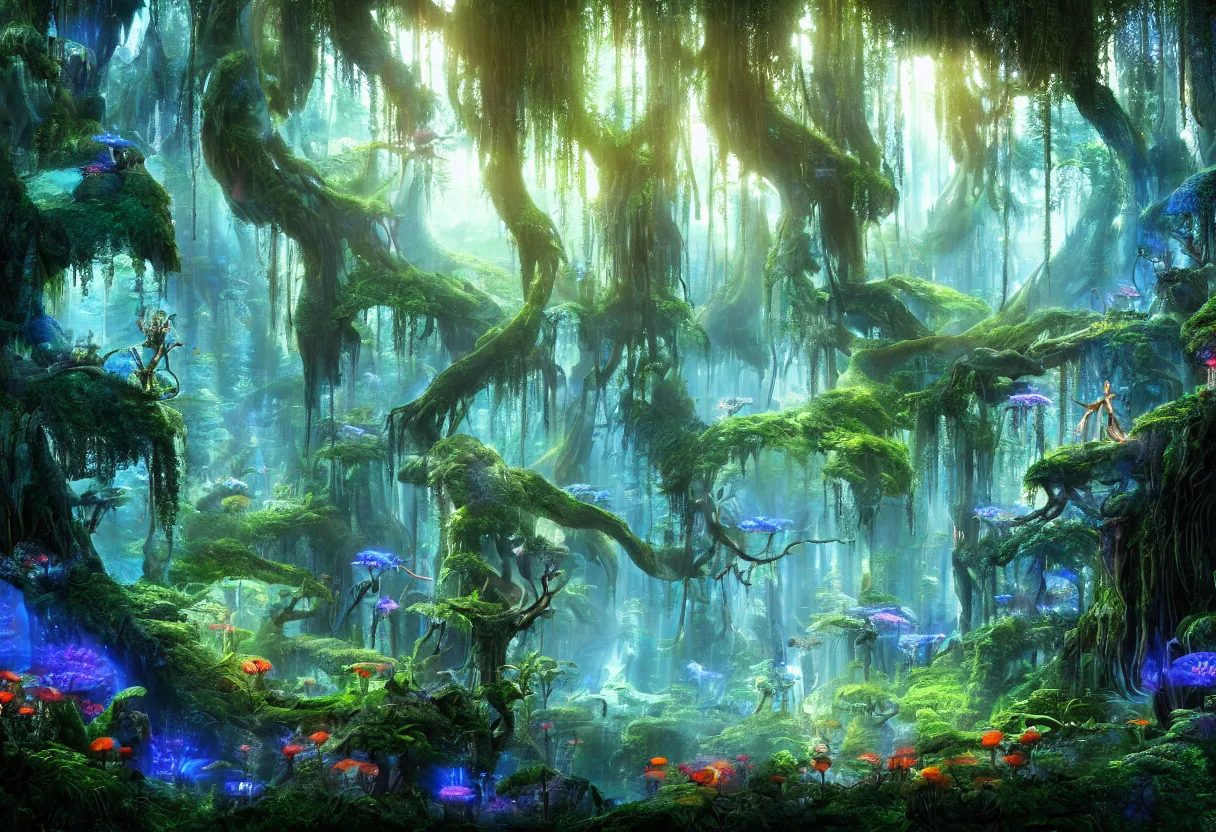 Image similar to A masterpiece digital art piece of a glowing magical forest from the movie Avatar. There are glowing blue plants, glowing red mushrooms, big trees and overhanging shrubbery. The air is fresh, stress-relieving. Heaven on earth. Trending on Artstation, cgsociety.