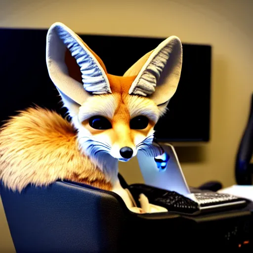 Prompt: an anthropomorphic male fennec fox sitting in a gaming chair drinking monster energy drinks, rbg keyboard, laptop, livestream, photo, 1 6 k