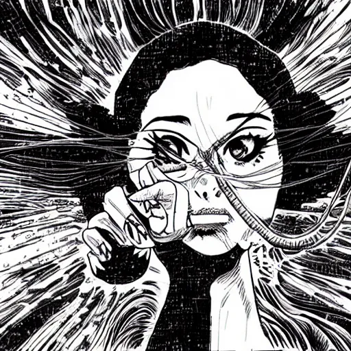 Prompt: Manga Panels, Mila Kunis summons a black spiral void from the sky by Junji Ito, Kim Jung Gi