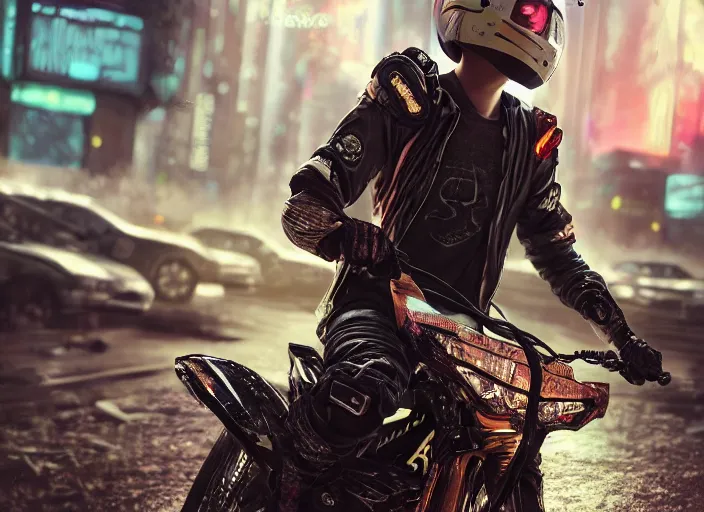 Image similar to beautiful blonde teenage boy wearing cyberpunk intricate streetwear riding dirt bike, beautiful, detailed portrait, cell shaded, 4 k, concept art, by wlop, ilya kuvshinov, artgerm, krenz cushart, greg rutkowski, pixiv. cinematic dramatic atmosphere, sharp focus, volumetric lighting, cinematic lighting, studio quality