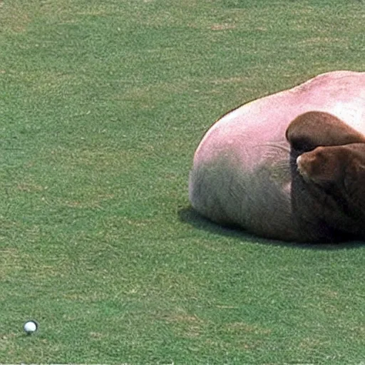 Prompt: cctv footage of a walrus sleeping on a golf course,