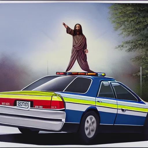 Image similar to hyperrealism painting of jesus christ standing on top of a police car in a police chase