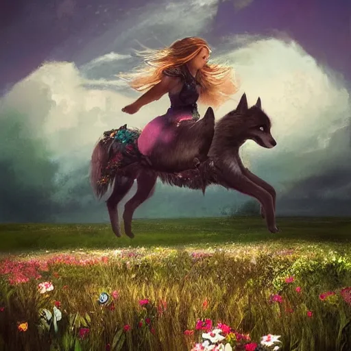 Image similar to girl riding a giant husky in a field of flowers, trending on artstation