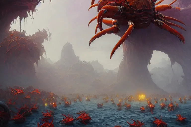 Image similar to an intricate colorful matte painting of a herd of giant alien crabs running abound, by Christophe Vacher and Bastien Lecouffe-Deharme, trending on artstation