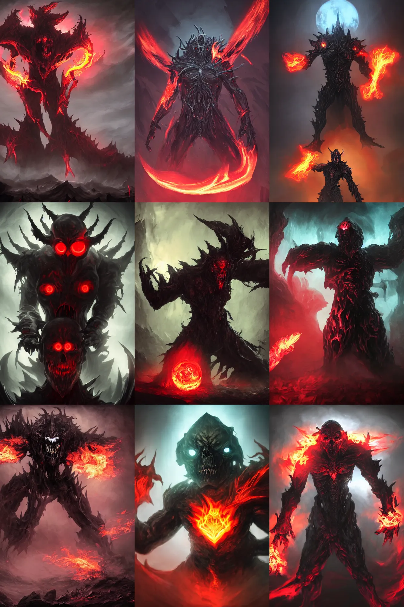 Prompt: a matte painting of a large humanoid demonic monster with glowing fire eyes and a skull face doing a henshin pose, action scene, dramatic lighting, gothic, league of legends character splash art, digital painting, concept art, dark colors, muted colors, red colors, tense atmosphere, moody colors, dramatic lighting, cinematic lighting, sharp focus, in the style of frank frazetta
