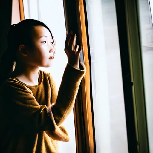 Prompt: photo of Chinese girl looking out the window, cinematic light, photography