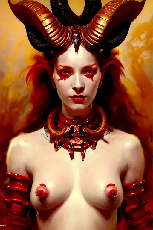 Image similar to painted close - up portrait of a very attractive red - skinned intimidating demon i robot girl with ram horns! oil painting, wearing a noblewoman's outfit, fantasy art by john singer sargent and gaston bussiere and james jean and greg rutkowski, demon noble character design, hd