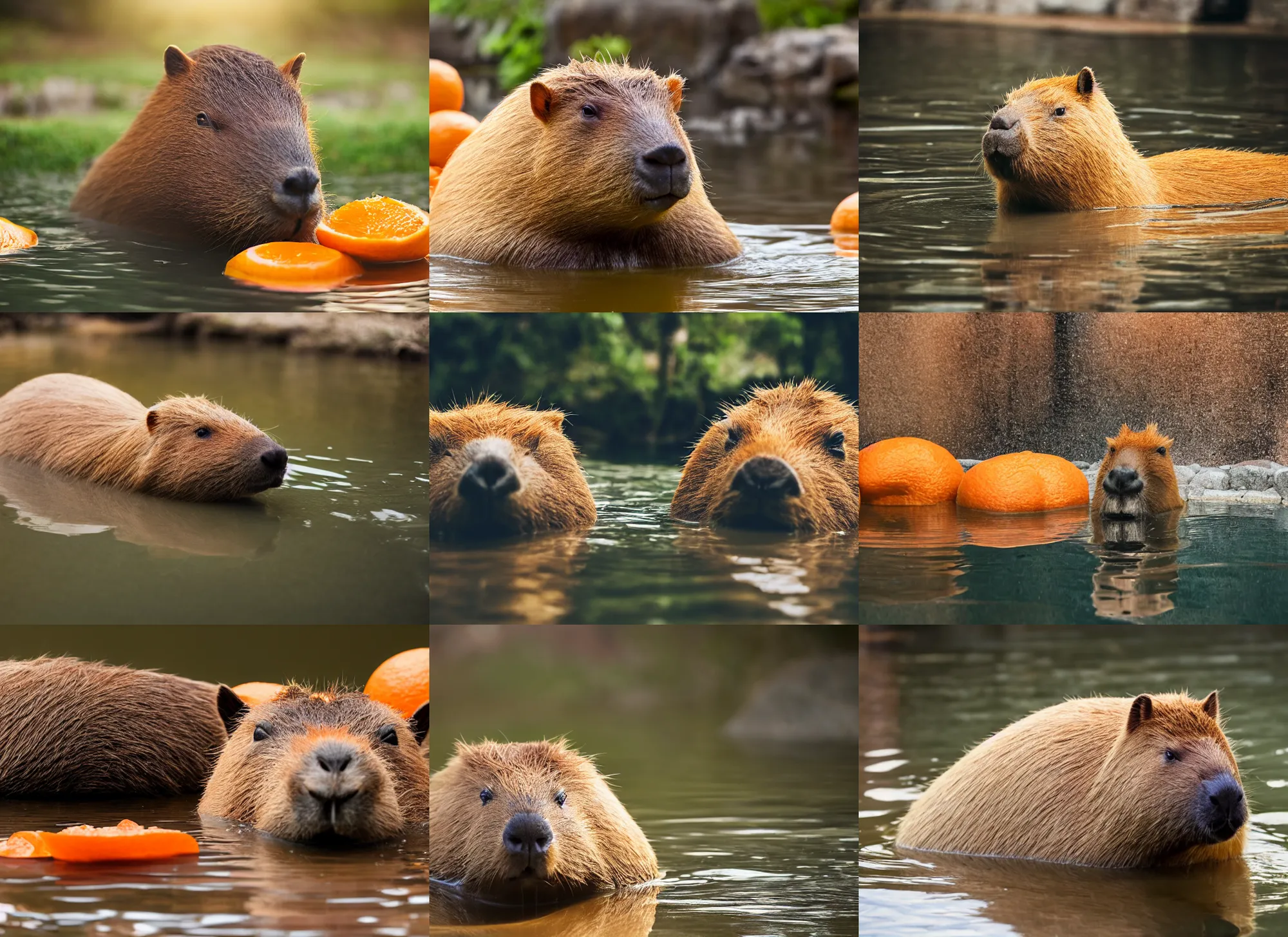 Prompt: photo still of capybara chilling in a hot spring filled with oranges, 8 k, studio lighting bright ambient lighting key light, 8 5 mm f 1. 8