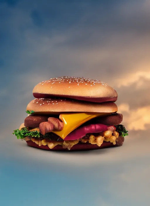 Image similar to a cinematic photograph of junkfood, at sunset, ultra detailed, realistic, beautiful lightning, golden hour time, 8 k, high depth field