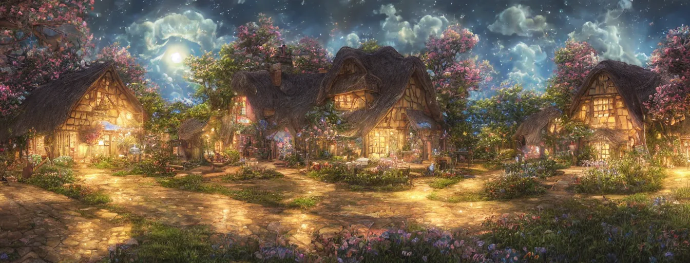Prompt: the aesthtic view of a beautiful, dreamy, wistful cottage under a grand night sky with light. hyperrealistic anime background illustration by kim jung gi, colorful, extremely detailed intricate linework, smooth, super sharp focus, bright colors, high contrast, matte, octopath traveler, unreal engine 5 highly rendered, global illumination, radiant light