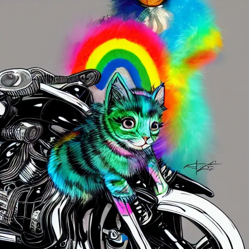 Image similar to wide angle full body, jacket wearing fluffy cute rainbow kitten wearing a black leather motorcycle jacket, concept art