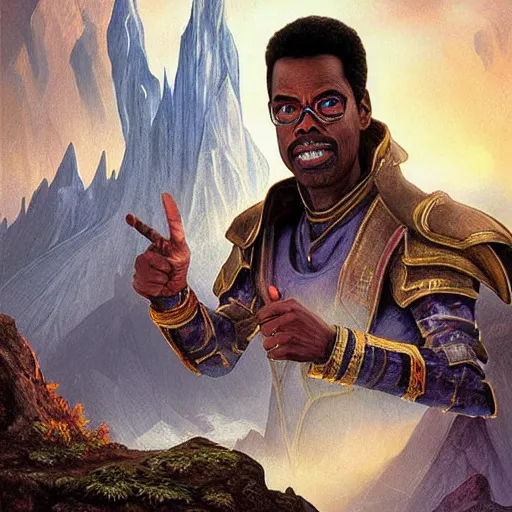 Image similar to chris rock as teferi, in the style of magic the gathering, glacier landscape, d & d, fantasy, intricate, elegant, highly detailed, digital painting, artstation, concept art, matte, sharp focus, illustration, art by artgerm and greg rutkowski and alphonse mucha