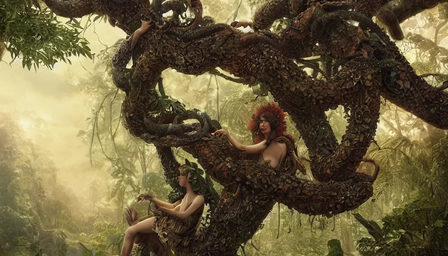 Prompt: garden of eden, the serpent on a tree, scales, insanely detailed and intricate, charlie bowater, tom bagshaw, norman rockwell, high resolution, photorealistic, octane rendered, unreal engine, illustration, trending on artstation, masterpiece, 8 k