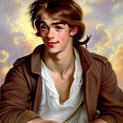 Prompt: beautiful portrait painting of Jim Hawkins from Treasure Planet with long curly blond hair, delicate young man wearing an open poet shirt smiling sleepily at the viewer, symmetrically parted curtain bangs, in love by Peter Paul Rubens and Norman Rockwell