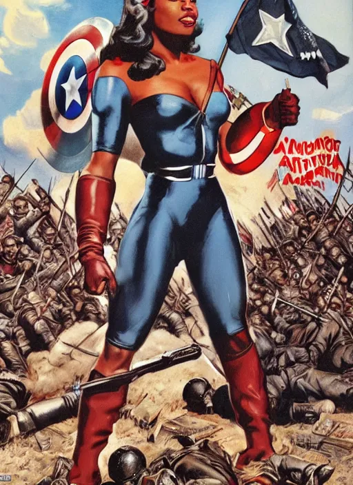 Image similar to beautiful black female captain america standing on a pile of defeated german soldiers. feminist captain america wins wwii. afro. american wwii propaganda poster by james gurney