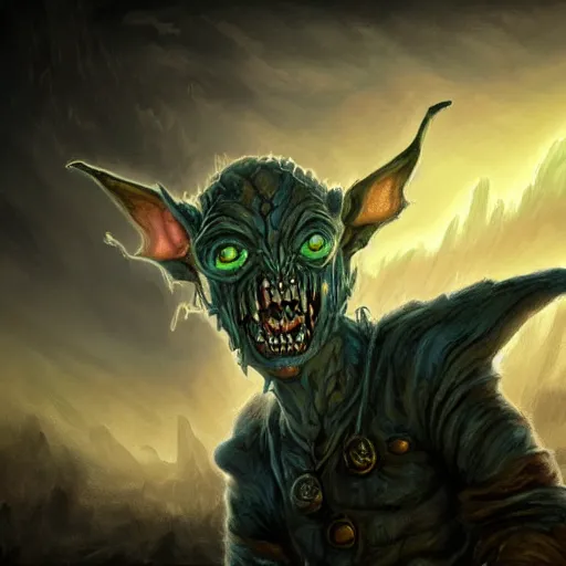 Image similar to a highly detailed goblin with grey skin and blue eyes that glow, in a dust storm, like magic the gathering, goblin chainwalker,, digital art, by christopher rush