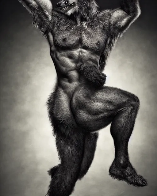 Image similar to a man wolf centaur, has the head of a timber wolf, torso of a man, and body of a wolf, standing on four legs, covered in fur, highly realistic, Rick Baker style, photoreal, studio lighting