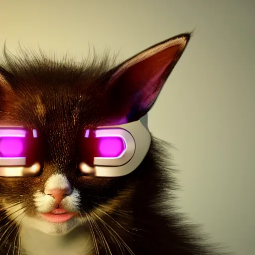 Image similar to crypto trading lyoki kitten from the future, wearing a cool vr headset 8 k hyperrealistic, trending on artstation