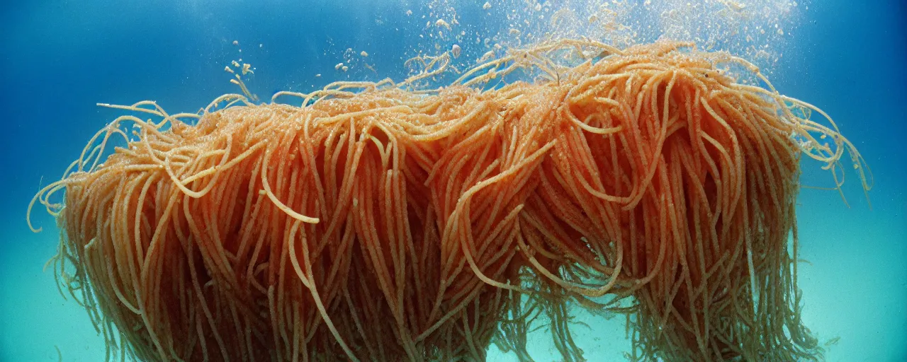 Image similar to spaghetti growing underwater like seaweed, canon 5 0 mm, in the style jacques cousteau, kodachrome