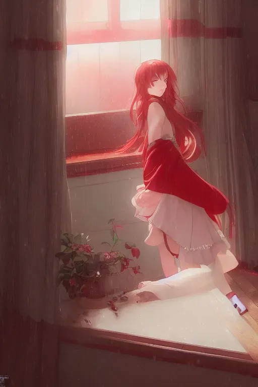 Image similar to a girl in a maid's outfit in the bedroom a night, raining outside the window, red theme, wavy white long hair, by krenz cushart and mucha and akihito yoshida and greg rutkowski and makoto shinkai, 4 k resolution