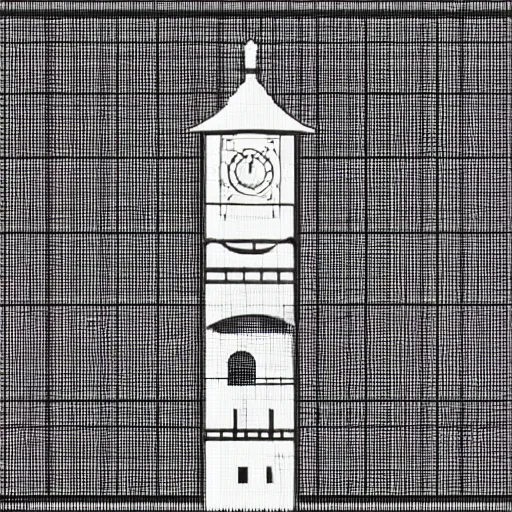 Prompt: a black and white photo of a clock tower, a wireframe diagram by baioken eishun, cg society, ascii art, dye - transfer, black background, ue 5