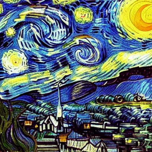 Prompt: a beautiful girl in a dress fluttering in the wind flying across the sky in the style of van gogh's starry night. picture. oil. masterpiece. hd
