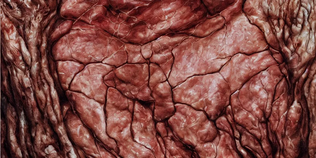 Prompt: medical detail of flesh skin painitng, meat veins, wrinkles and muscles, bark lichens, 4k, oil on canvas, photorealistic, soft light, cinematic lighting, vibrant, macro details, sharp, dramatic light