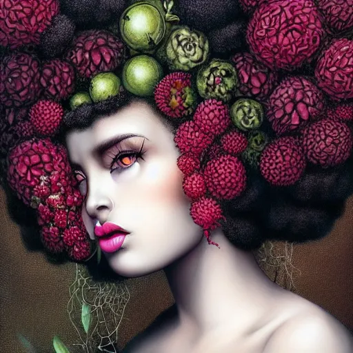 Prompt: portrait of a black woman with an afro ,inspired by Natalie Shau, Anna dittmann, plants growing on the head, horns,cinematic