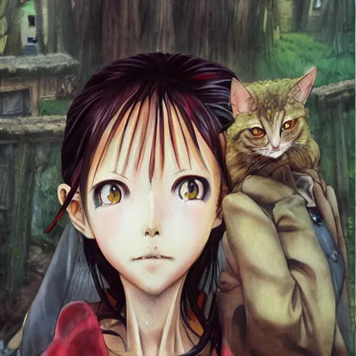 Image similar to a professionally painted realistic anime portrait by yuji ikehata and satoshi kon, of a lonely vampire woman learning how to live in an old homely cottage by herself in the middle of the woods with only an old scruffy cat as a friend, old vintage vhs, scan lines, grainy quality, real anime, realistic, peaceful, lighthearted