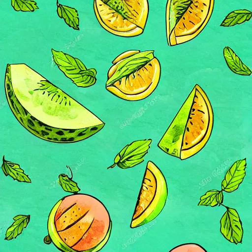 Image similar to retro, hd illustration of watermelons and lemons, mint leaves, inspired by watercolor masterpieces, trending on artstation, 4 k