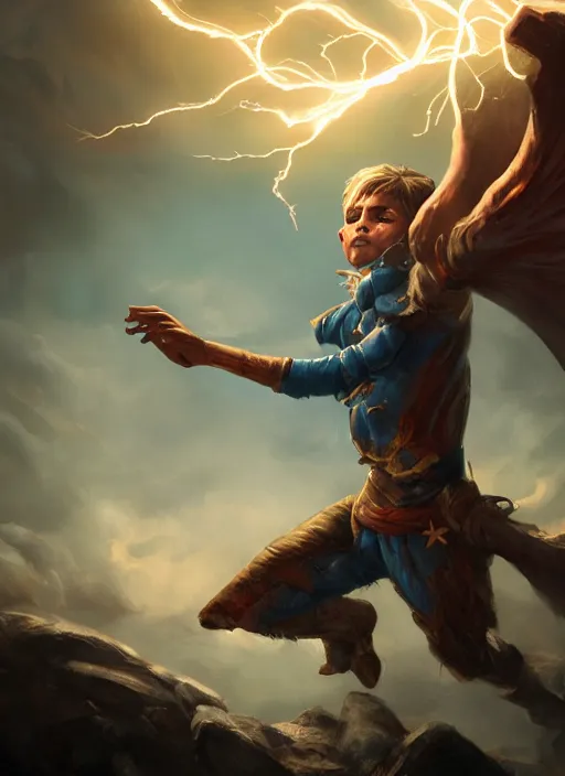 Image similar to An epic fantasy comic book style portrait painting of a young boy surrounded by lightning and power, unreal 5, DAZ, hyperrealistic, octane render, cosplay, RPG portrait, dynamic lighting