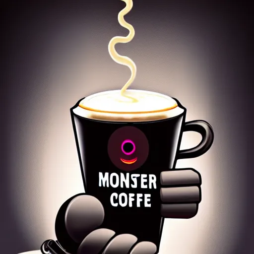 Prompt: monster coffee machine with hands and eyes drink cappuccino, 8 k, details, artstation trends, cyberpunk concept art