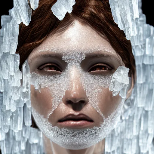 Image similar to a regal brown woman wearing an intricate and detailed armor made of ice. ice caves. glaciers. dramatic shadows. reflections. morning dew. textures. delicate. translucent. studio portrait. photorealistic. octane render