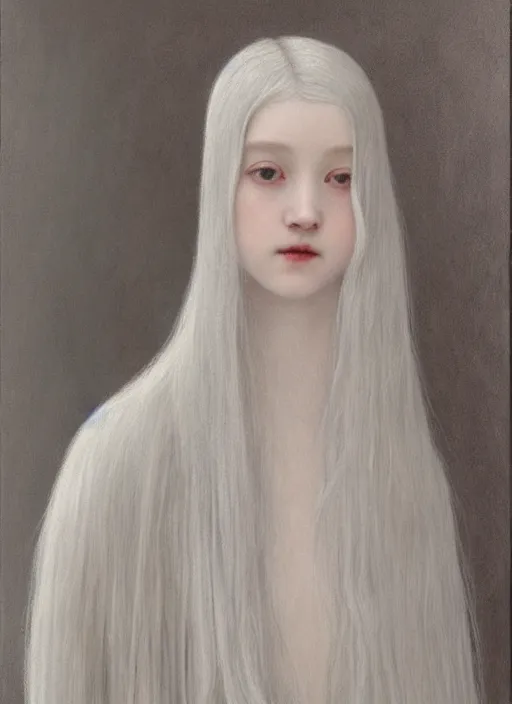 Image similar to thin young wan beautiful angel, silver hair so long, pale!, long silver hair, silver angel wings, smooth skin, wan adorable korean face, silver hair!!, style of fernand khnopff and lucien levy - dhurmer, oil on canvas, 1 8 6 2, 4 k resolution, aesthetic!,