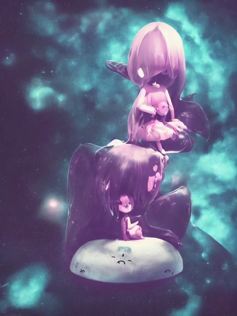 Image similar to cute fumo plush gothic maiden alien girl sitting on a small island floating in the dark galactic abyss, heart eyes, vignette, vray