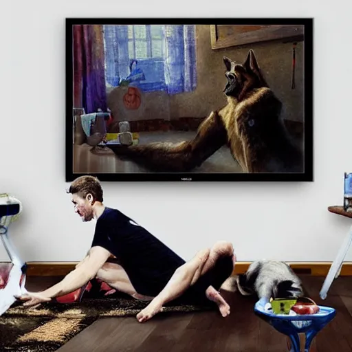 Image similar to a humanoid german shepherd beast - man, sitting and watching a soccer match in his house on television, he has hurt his knee and is a dad, by erin hanson, alexi zaitsev, karl spitzweg, award winning, tv set