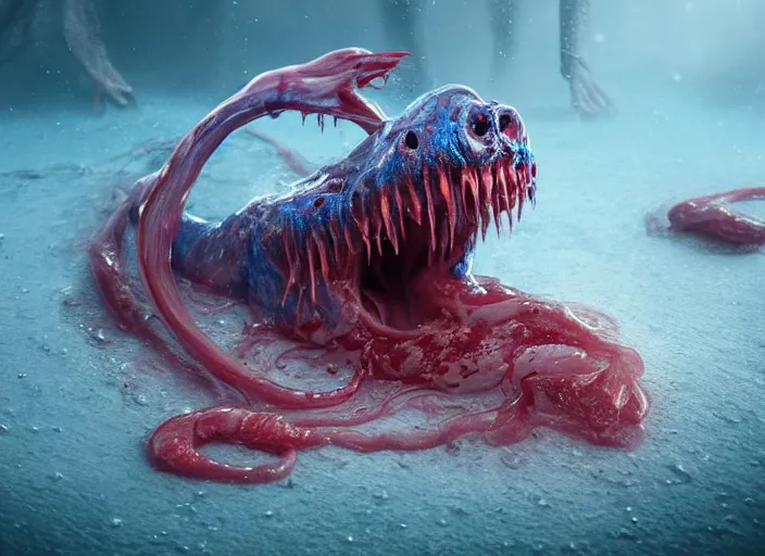 Prompt: a giant slimy creepy monster, very long slimy tongue, saliva, mouth inside a mouth, many long wet tongues, translucent skin, fangs, red glowing veins, thin blue arteries, cinematic colors, standing in shallow water, insanely detailed 8 k artistic photography, dramatic lighting