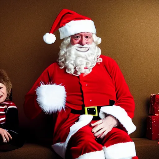 Image similar to jimmy savile as santa costume with child on lap, detailed, super realistic, 8 k,