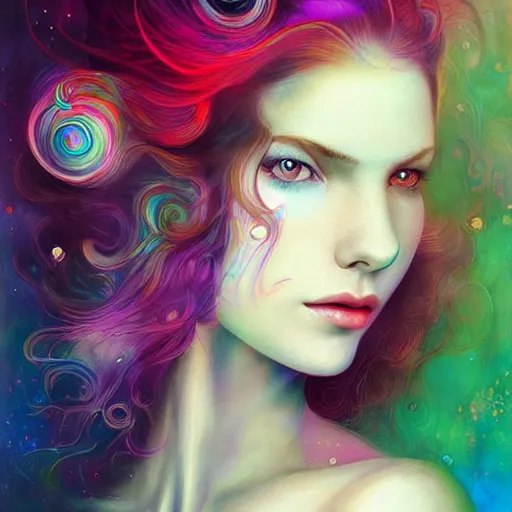 Prompt: a painting of a woman with long hair, digital art by anna dittmann, behance contest winner, psychedelic art, behance hd, detailed painting, iridescent