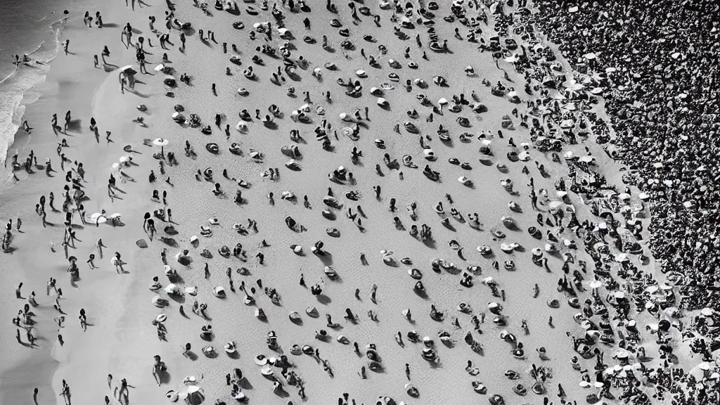 Image similar to photograph beachscapes satellite view imagery, Aerial view of beautiful sandy beach with hundreds of umbrellas and sea, Aerial of a crowded sandy beach with colourful 1970s umbrellas sun bathers and swimmers during summer, golden sand and clear blue sea, by Tommy Clarke and Joshua Jensen-Nagle