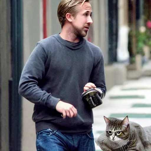 Image similar to ryan gosling getting mugged by a cat