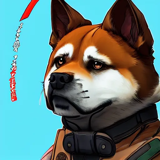 Image similar to shibu dog, apex legends artstyle, digital art, character design, masterpiece