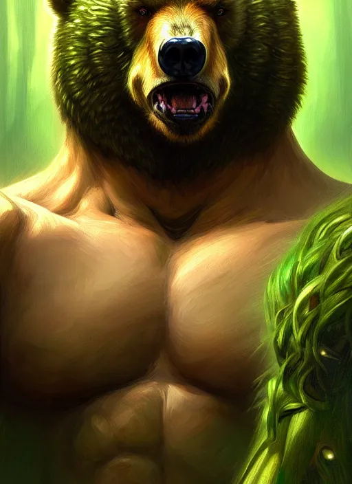 Image similar to portrait of aggressive bear humanoid, d & d, muscular! green, fantasy, intricate, elegant, highly detailed, digital painting, artstation, concept art, smooth, sharp focus, illustration, art by artgerm and greg rutkowski and alphonse mucha