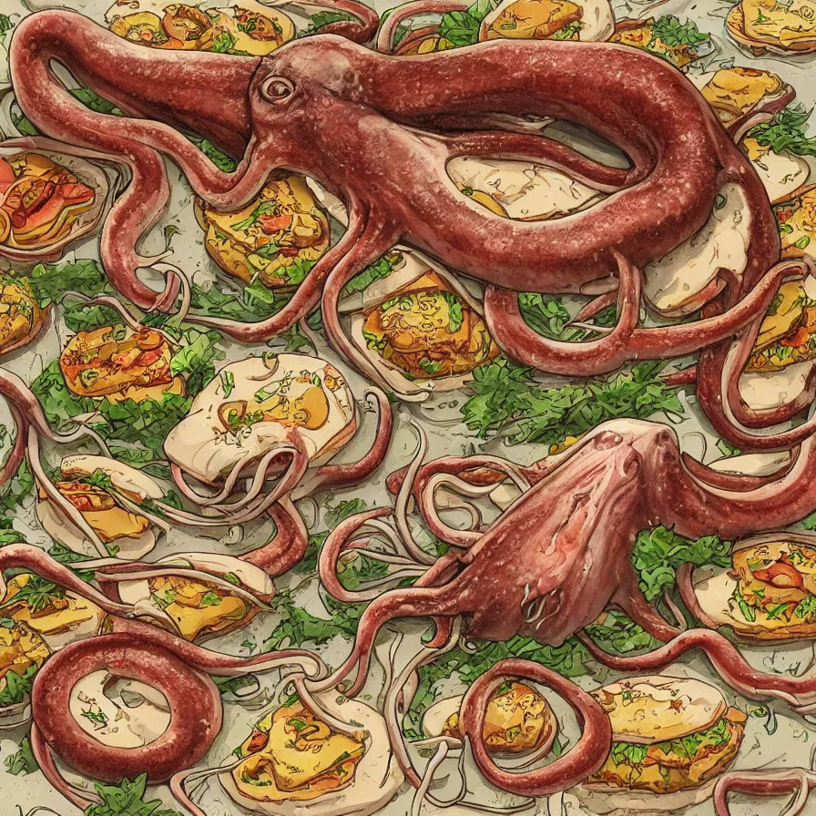 Prompt: a beautiful ultra detailed anatomical illustration of a giant squid holding many burgers, tentacles wrapped around burgers, artstation, 8 k