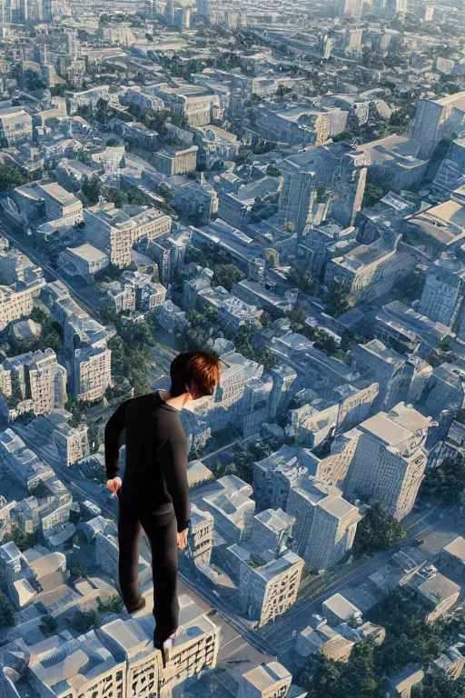 Image similar to Man in black adidas tracksuit looking atop of a urban plateau filled with soviet apartment buildings, golden hour, dreamy, beautiful clouds, ultra detailed beautiful lighting, 4k, wallpaper, russian cityscape, beautiful artwork by Makoto Shinkai